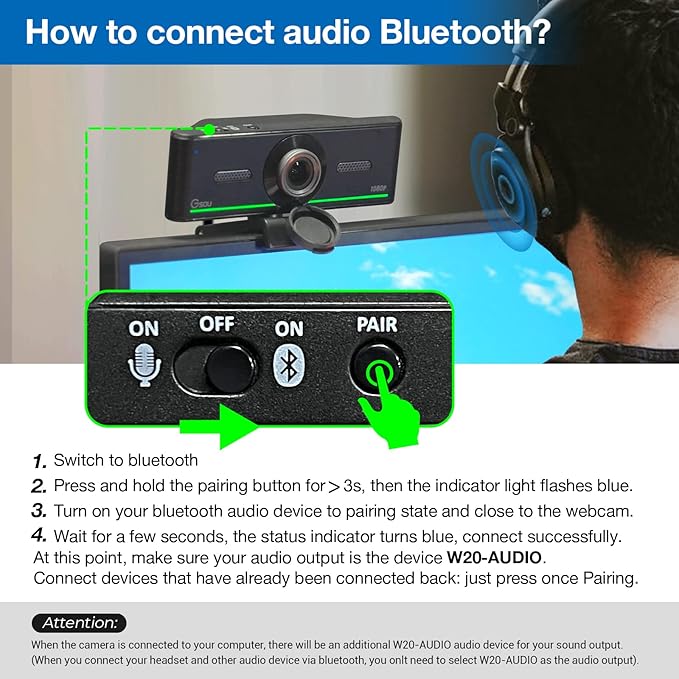 Gsou 1080P Webcam with Microphone for Desktop, Computer Webcam Connect Bluetooth Headset/Earphone/Speaker, Streaming Webcams for Live Skype Teams, PC Web Camera for Streaming,Bluetooth only for Audio