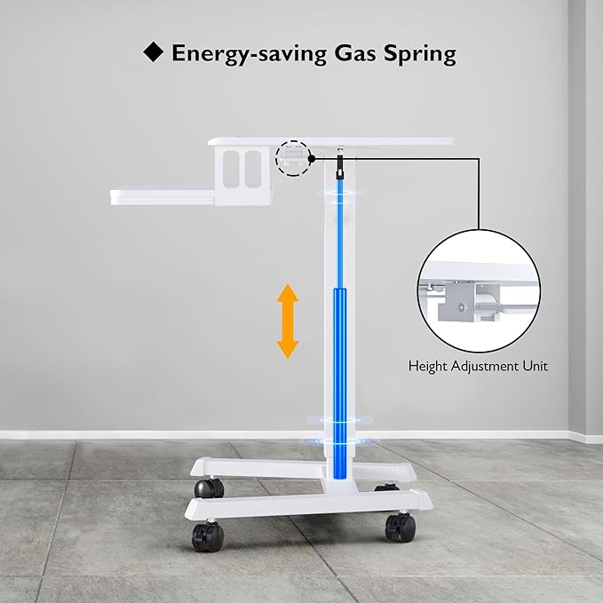 BONTEC Mobile Standing Desk with Keyboard Tray, Mobile Podium, Rolling Laptop Sit Stand Desk on Wheels, Adjustable Height Up to 33lbs, Portable Computer Workstation Cart for Living Room, Office, White