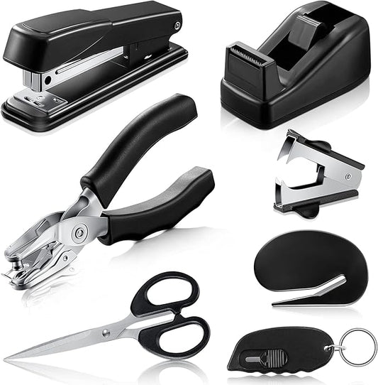 Tenare 7 Pcs Black Office Supplies Desk Accessory Kit, Stapler and Tape Dispenser Set with Stapler Remover, Single Hole Punch, Scissors, Telescopic Knife Keychain, Envelope Slitter Mail Opener