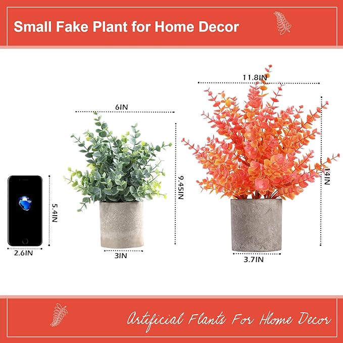 2 Pack Fall Small Fake Plants 14" Eucalyptus Potted Artificial Plants Fall Decorations for Home Shelf Office Bathroom Desk Farmhouse Room Coffee Table Decor Fall Decor (Fall Orange-Large)