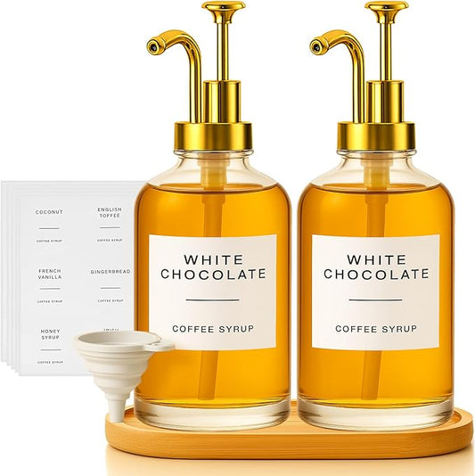 2 Pack 16oz Glass Coffee Syrup Dispenser with Gold Pump, Elegant Coffee Bar Accessories with Labels, Reusable Syrup Bottles for Kitchen, Café & Home Decor