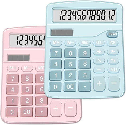 Calculators, Splaks 2 Pack Standard Functional Desktop Calculators Sola and AA Battery Dual Power Electronic Basic Calculator with 12-Digit Large Display for Office, Home, School (1 Blue & 1 Pink)