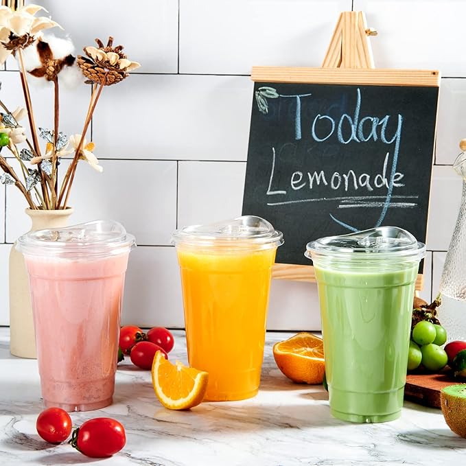 [90 PACK] 20 oz Clear Plastic Cups With Strawless Sip Lids, Disposable Plastic Cups With Sip Through Lids for Ice Coffee, Smoothie, Slurpee, or Any Cold Drinks