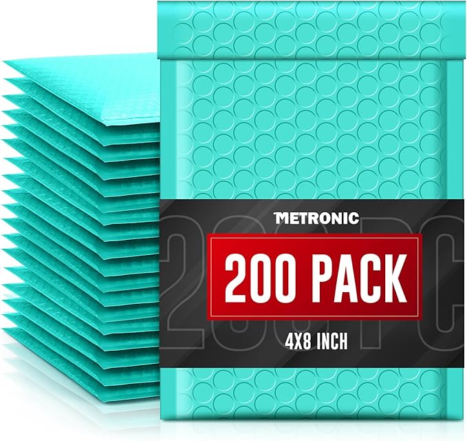 METRONIC Small Bubble Mailers 4x8 200 Pack Teal Bubble Mailer Usable Size 4x7 Self Seal Waterproof Padded Envelopes for Small Business Packaging Sports Cards