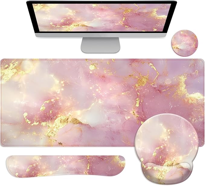 Long Mouse Pad XXL,Ergonomic Desk Mat Gaming Set,Keyboard Wrist Support Rest Mouse Pad Suitable for Office and Home (XXL Pink Marble)