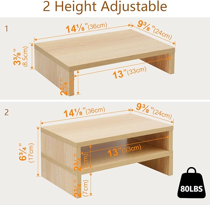 TEAMIX Wood Monitor Stand Riser - 2 Pack Adjustable Dual Monitor Riser for Laptop/PC