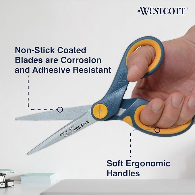 Westcott 8-Inch Titanium-Bonded Non-Stick Straight Scissors with Adjustable Glide Feature for Office and Home - Gray/Yellow, 3 Pack