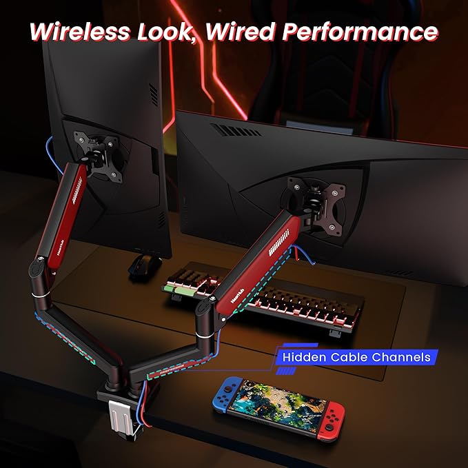 Dual Monitor Mount Gaming for Computer Screen 13-32" and up to 22 lbs,360° Rotation,+90° to -45° Tilt,180° Swivel,with C Clamp and Grommet Base,Integrated Cable Management,75x75/100x100 VESA,RED