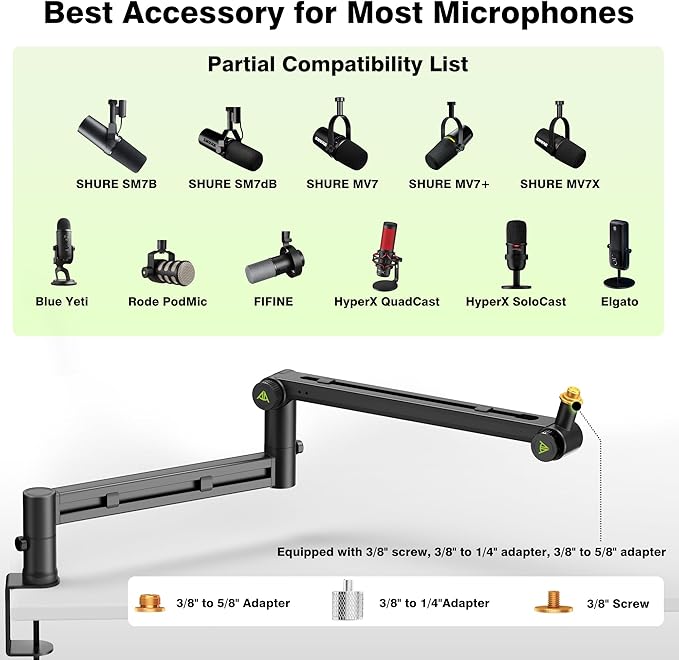 Low Profile Boom Arm (Design for Heavy Mic) 6.6lbs Load Capacity, Stable Gear Lock Structure Never Sags, Metal Microphone Stand Desk Mount for Shure SM7B MV7+, Blue Yeti,Rode PodMic