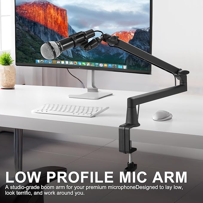 Low Profile Mic Arm 15cm Extra Riser Adjustable Mic Boom Arm Metal Desk Mounted Microphone Stand Cable Management Flexible Microphone Holder for Podcast Streaming Gaming Desktop