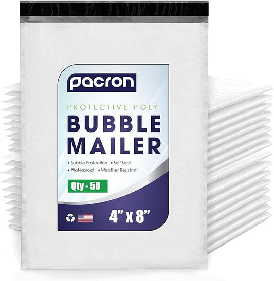 50-Pack Waterproof Poly Bubble Mailers 4 x 8 - Thick, Durable, Instant Seal Envelopes with Strong Adhesive - Protective Shipping Mailers for Jewelry, Cosmetics, SD Cards, USB Cables