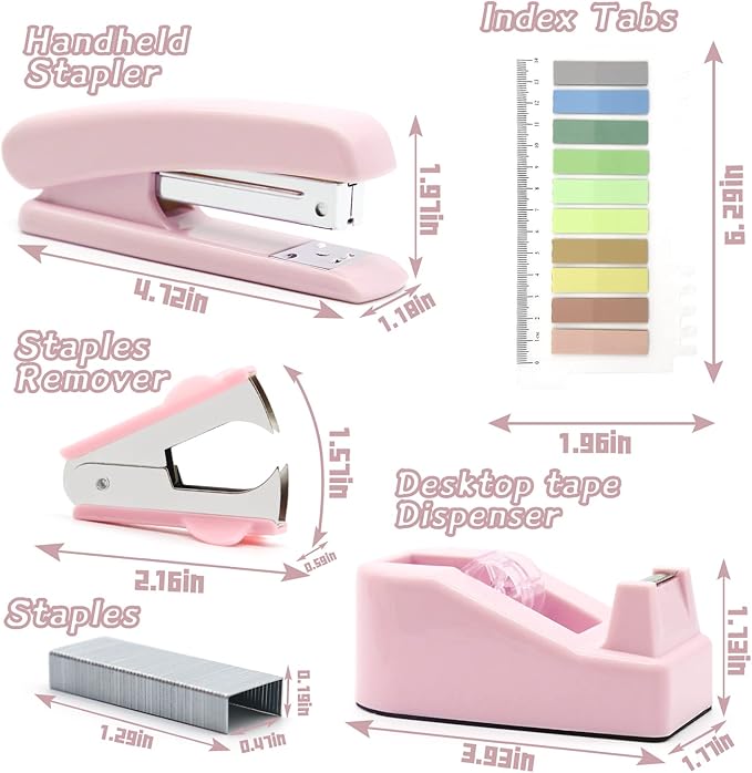 Pink Office Supplies, UPIHO Pink Desk Accessories, Stapler and Tape Dispenser Set for Women with Stapler, Tape Dispenser, Staple Remover, Staples, Clips, Scissor and Tabs,Gift for Students, Coworkers
