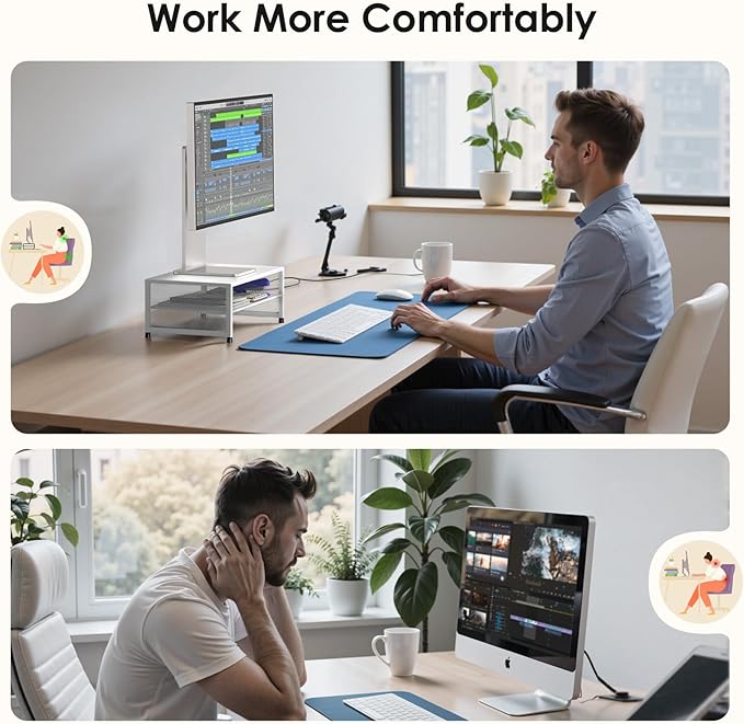 Desk Organizers and Accessories, 2-Tier Metal Computer Monitor Stand Riser, Desk Organizer for Monitor, Printer & Laptop Stand, Desktop Workspace Organizers for Office Supplies(White)