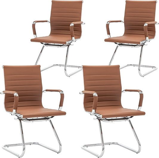 Wahson Office Guest Chairs No Wheels & Reception Chairs, Leather Waiting Room Chair Mid Back Conference Chairs with Sled Base for Meeting/Lobby/Restroom, Coffee (4 Pack)