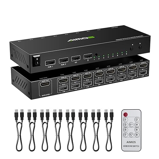 HDMI KVM Switch 1 Monitor 8 Computers 4K@30Hz, 8 Port HDMI KVM Switches for 8 Computers Share 1 Monitor Keyboard and Mouse, Support Hotkey Switch, Remote Control and 8 USB Cables Included