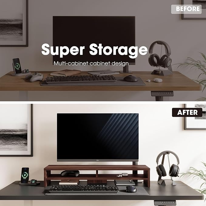 Fenge Monitor Stand, 31.5 Inch Computer Monitor Riser for Desk, 2 Tiers Wood Desk Shelf with Storage, Desktop Organizer for PC, Laptop, Screen, Printer