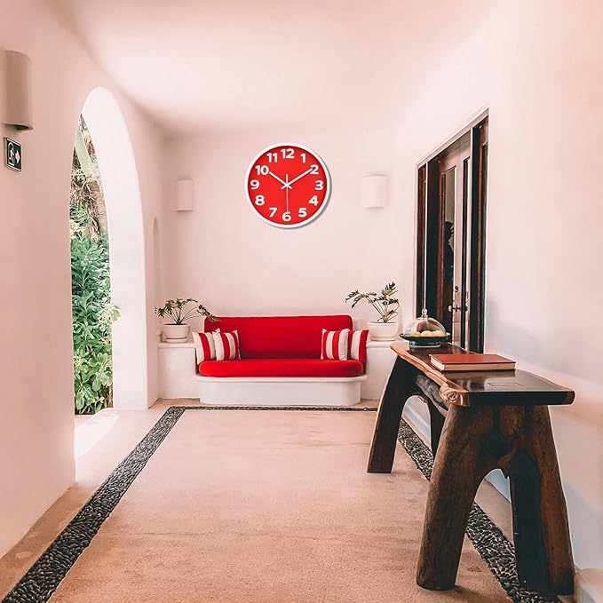 10 Inch Red Wall Clock with 3D Big Numbers, Modern Round Silent Quartz Clock, Easy to Read for Kitchen, for Home, Office, Farmhouse Decor