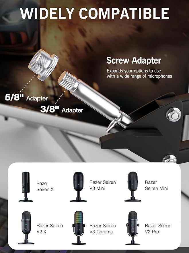 Seiren V3 Mini Boom Arm - Mic Arm for Razer Mini, Seiren V2, Seiren X and Most Microphone, Adjustable Boom Scissor Arm Stand with 3/8" to 5/8" Adapter by SUNMON