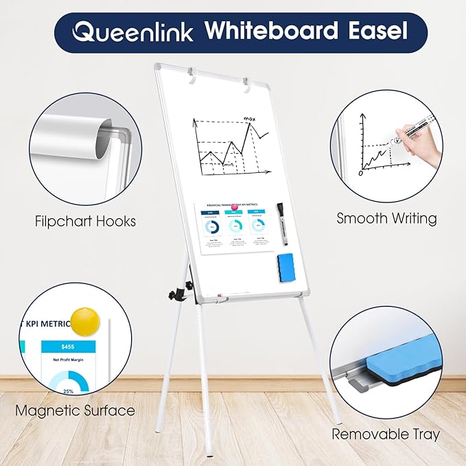 Magnetic Whiteboard Easel, 36"x24" Height Adjustable Dry Erase Board with Stand, Large Aluminium Frame White Board for Teaching, Flipchart Standing Writing Board for Office, Home (White)