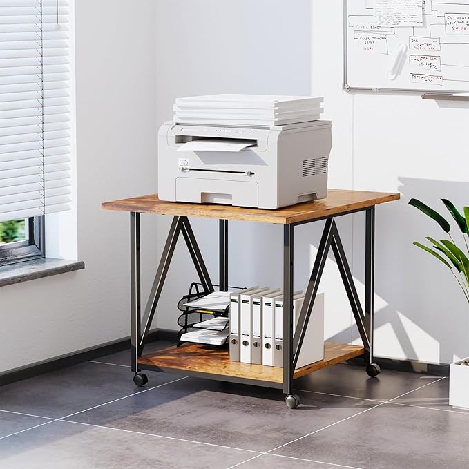 2-Tier Printer Stand, Printer Table with Storage, Industrial Printer Storage Cart with Wheels, Rolling Printer Stand for Heat Press Scanner Fax, Brown