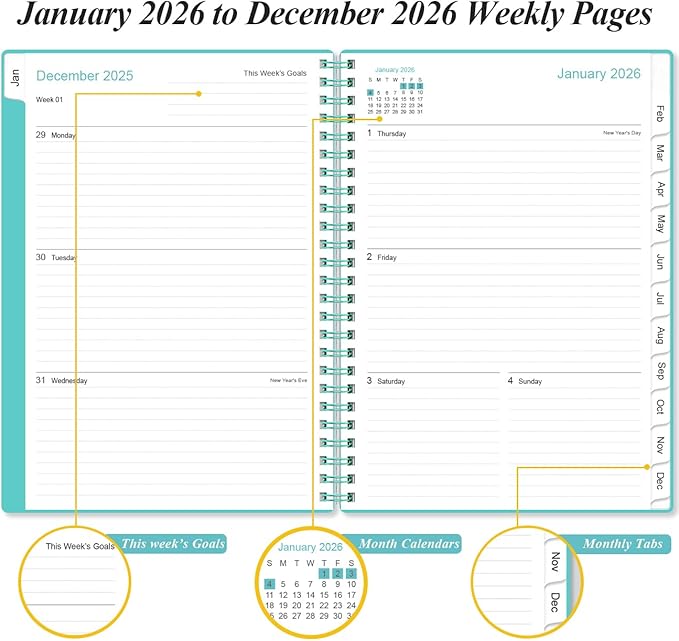 2026 Planner - A5 Weekly & Monthly Planner Spiral Bound, January 2026 - December 2026, with Flexible Cover, Tabs, Inner Pocket, 6.4" x 8.5", Teal