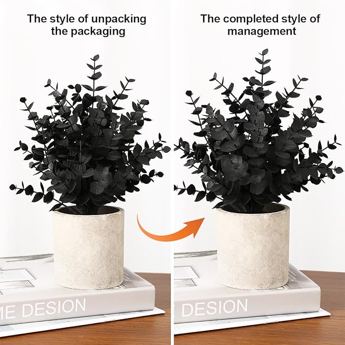 2 Pack Black Fake Eucalyptus Small Fake Plants Potted Artificial Plants for Halloween Decorations Shelf Desk Home Farmhouse Room Coffee Table Bathroom Decor(Black)