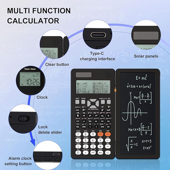 Scientific Calculators, Rudnia Solar Calculator with Alarm Clock, 417 Functions and Type-C Rechargeable, Ideal for Middle High School Students and Teachers (Black)