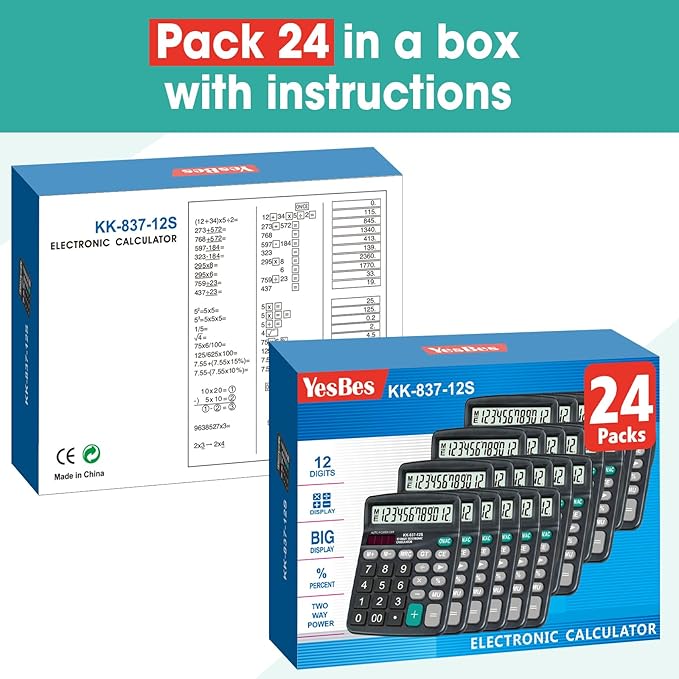 24 Pack Calculator Bulk, 12 Digits Calculators Desktop with Large LCD Display and Sensitive Butto, Solar and Battery Dual Power, Desk Calculator for School, Office, Home
