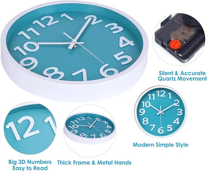 10 Inch Wall Clock Silent Non-Ticking, Big Numbers Easy to Read,Battery Operated Round Quartz Analog Clock for Kitchen Bathroom Classroom Kids Bedroom Wall Decor,Coastal Beach Theme (Aqua)