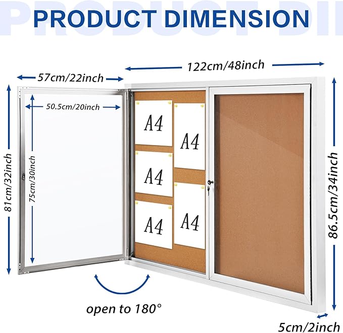 SWANCROWN Weather Resistant Enclosed Bulletin Board Cork Displays Boards Wall Mounted Notice Case with 2 Locking Door