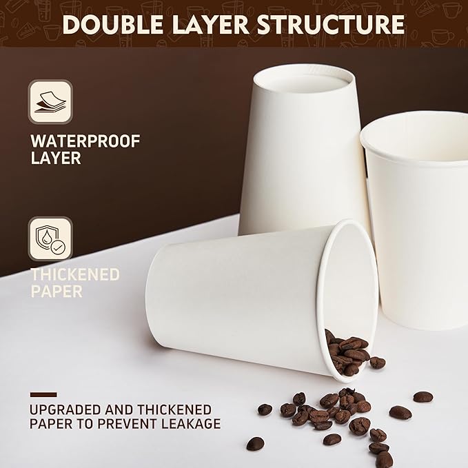 YEEHAW 8 oz 500 Pack Paper Cups, Disposable Coffee Cups, White Hot Cups, Suitable for Office, Home and Party Events