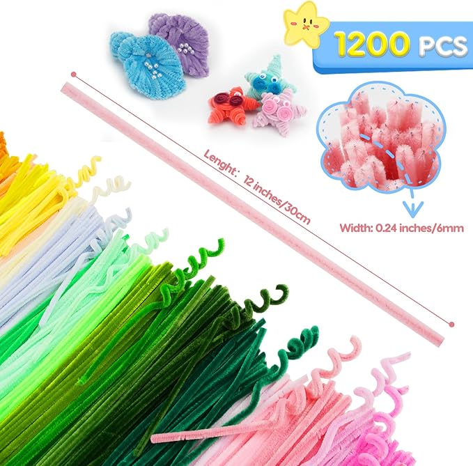 1200PCS Pipe Cleaners Craft, Pipe Cleaners Bulk for Arts and Crafts Supplies Multi-Color Chenille Stems DIY Project Room Decor,Christmas Decorations Creative Toys Gift (12inch*6mm,48colors)