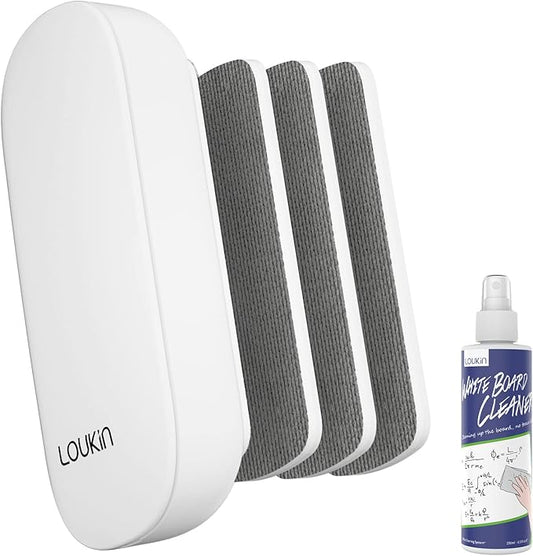 loukin Replaceable Dry Erase Eraser, Magnetic Whiteboard Eraser with 3 Replaceable Felt Pads, 4-in-1 Glass Whiteboard Erasers, 3.4 fl oz Cleaner Included (White)