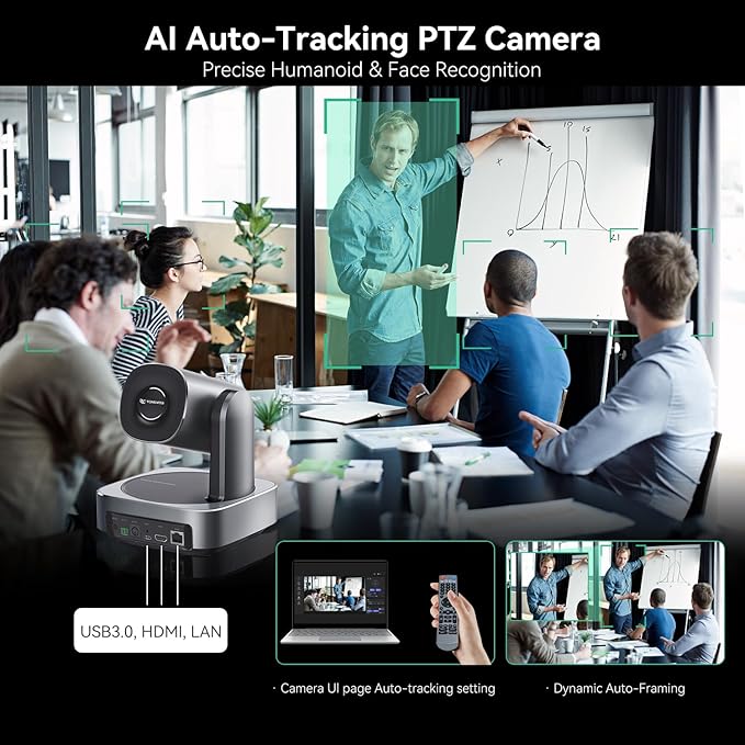 AI Auto-Tracking PTZ Camera 20x Optical Zoom HDMI USB IP Live Streaming Camera 1080P 60fps Video Conferencing System POE Supply for Church Services Worship Education Work with Zoom Team vMix OBS