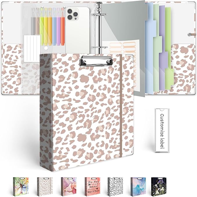 3 Ring Binder 2 Inch for 8.5"x11" Paper, Three Ring Binders with Clipboard, 5 Dividers with Tabs and Pockets, Clear Folder, 18 Divider Stikers, BVSSX Decorative Binder with Pen Holder, Leopard
