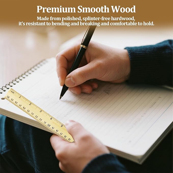 Wooden Ruler 12 Inch Bulk Dual-Sided Inches & Metric Measuring Stick for Classroom, Office, School for Teachers, Students, Artists (12 Pack)