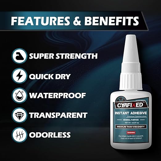 Super Glue Liquid, Instant Clear Cyanoacrylate Medium Thin Viscosity Adhesive, All Purpose CA Glue for Shoe Repair Leather Ceramic Plastic Glass Metal Wood Porcelain Rubber Pottery Model Craft