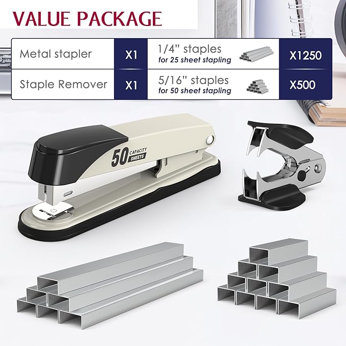 Metal Stapler Heavy Duty 50 Sheet Capacity with 1750 Staples and Staple Remover, Full Strip Staplers for Desk, No Jam, Non-Slip for Office & Classroom, White