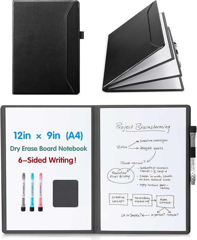 CoBak 6 Sides Portable White Board 12 x 9 inch (A4) - Notebook Design Dry Erase Small Board with Pocket and 3 Markers, Anti-Ghosting & Anti-Smudge Surface for Office, School, Homeschool (Black)