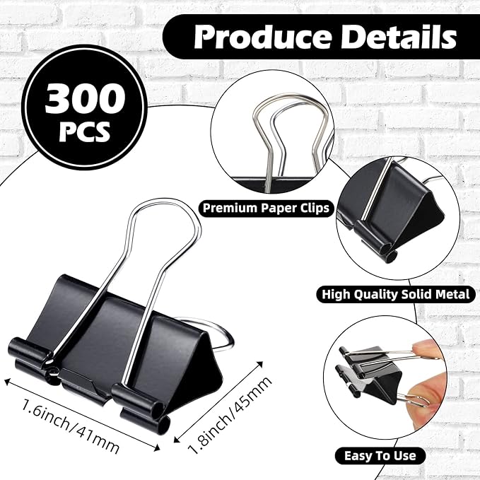 Yexiya 300 Pcs Large Binder Clips Bulk Big Paper Clamps Office Supplies Paper Clamps for Teachers Students School Office Business Paperwork Supplies (Black, 1.61 Inch)