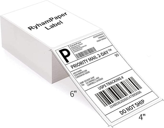RyhamPaper 4" x 6" Fanfold Direct Thermal Labels - White Shipping Mailing Postage Labels, Perforated, Permanent Adhesive(20 Stacks - 20000 Labels)