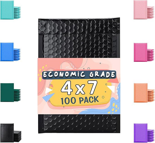 Economic Grade Poly Bubble Mailers 4x8 100 Pack Black Waterproof Self Seal Adhesive Shipping Bags, Cushioning Padded Envelopes for Shipping, Mailing, Packaging Usable 4x7