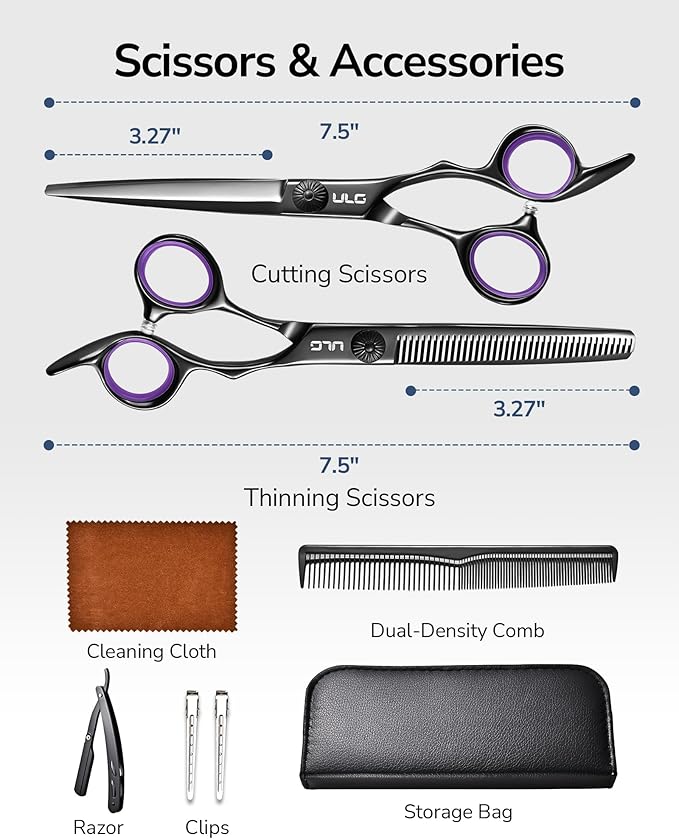 ULG Hair Cutting Scissors Shears Set, 7.5 Inch Professional Barber Thinning Scissor, Hairdressing Texturizing Edge Razor, Comb, Clips, 8 Pcs Stainless Steel Haircut Kit for Salon & Home (Black)