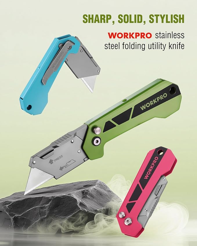 WORKPRO Box Cutter, Utility Knife Quick Change Blade Razor Knife, Folding Pocket Knife with Belt Clip and Axis Lock, 10 Extra Blades Included, Green