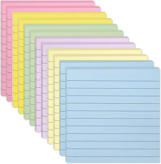(12 Pack) Lined Sticky Notes 4x4 in, Pastel Colors Self Sticky Notes Pad Its Super Sticking Power Memo Pads, 4x4 Large Square Sticky Notes for Office, Home, School, Meeting