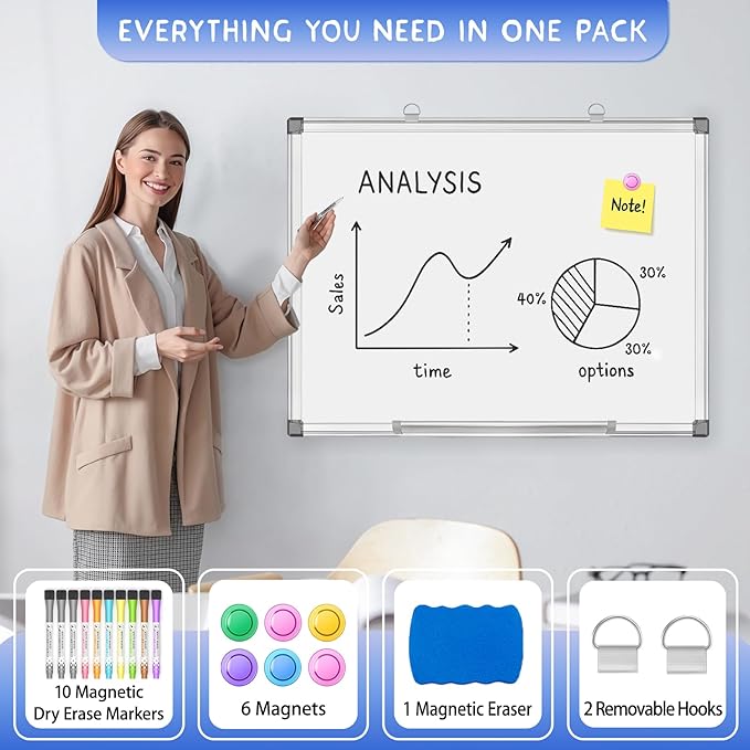 Grtard White Board Dry Erase, 24" x 18" Magnetic Dry Erase Boards, Hanging Magnetic Whiteboard with Marker and Magnets, Dry Erase Board for Wall, Large White Boards Dry Erase for School, Office, Home
