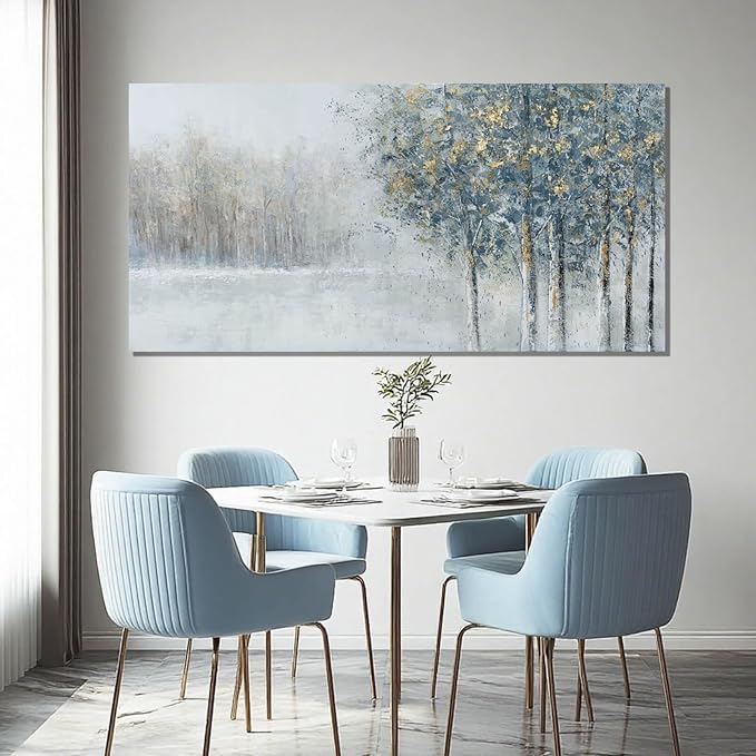 ZENPEE Abstract Forest Canvas Wall Art, 20x40 Inch Blue and Gold Tree Painting, Modern Nature Landscape Artwork for Living Room Bedroom Office Decor, Ready to Hang