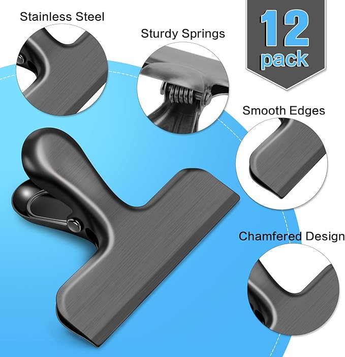 12 Pack Stainless Steel Chip Clips, Bag Clips for Food, Heavy Duty Chip Bag Clip for Kitchen and Office to Seal Coffee Bags, Paper Sheets, Metal Clip Air Tight Seal-3 Inches(Black)