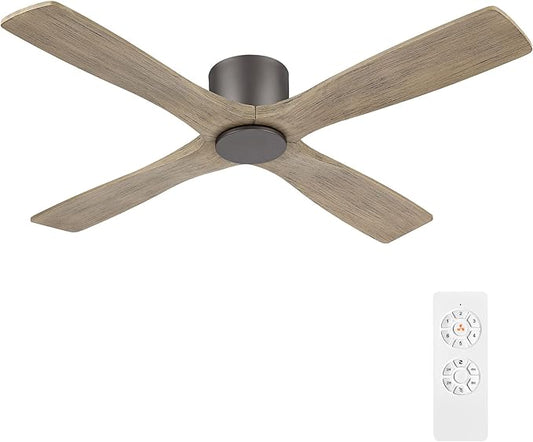WINGBO 54 Inch Flush Mount DC Ceiling Fan without Lights, 4 Reversible Carved Wood Blades, 6-Speed Noiseless DC Motor, Hugger Ceiling Fan No Lights in Graphite Finish with Gray Blades, ETL Listed