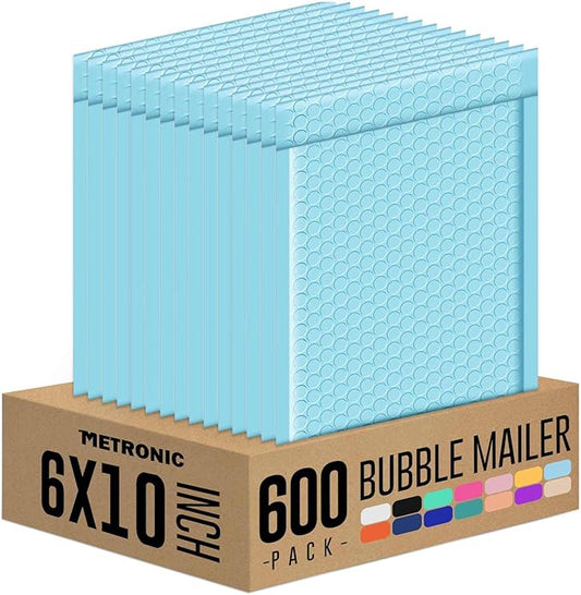 Metronic Bubble Mailers 6x10 Baby Blue 600 Pack Self-Seal Padded Mailer Usable Size 6X9 Inch, Bulk Package Packing Shipping Supplies for Small Business, Boutique, Jewelry, Lip Gloss